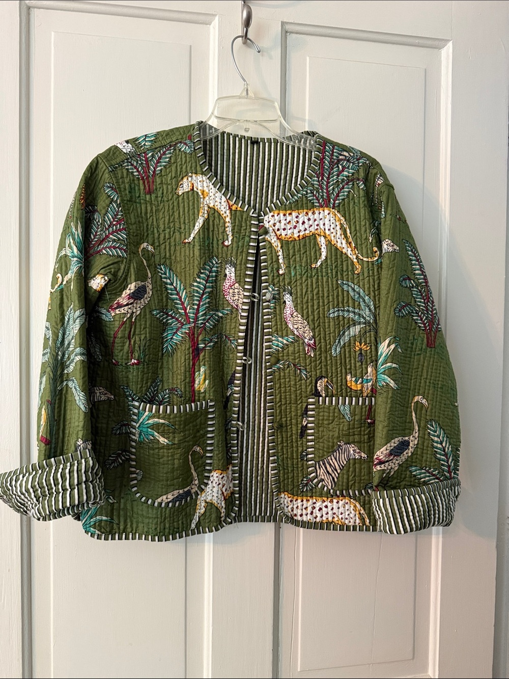 Green Quilted Jacket with Animal & Palm Print